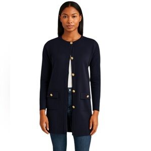 J.Crew - Long Giselle Sweater Blazer Navy Gold Button Cardigan Coatigan Sz S